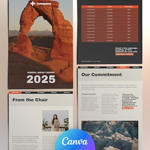 May include: A multi-page document with a red, white and black colour scheme. The cover page features a photo of a natural rock formation with the text "Annual Impact Report 2025". The document includes sections titled "Our Commitment" and "From the Chair".
