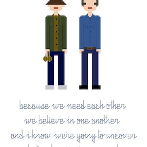 Może przedstawiać: Pikselowa ilustracja dwóch postaci, jedna w zielonej kurtce i brązowym kapeluszu, druga w niebieskiej koszuli. Tekst poniżej brzmi "because we need each other, we believe in one another, and I know we're going to uncover what's sleepin' in our souls."