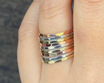 Hammered Stacking Rings For Women, Sterling Silver 3 Tone Thick Band, Minimalist Stack Rings