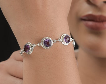 Amethyst Birthstone Bracelet, Genuine Amethyst Gemstone, Pure Sterling Silver Link Chain Bracelet, Healing Crystal Jewelry for Women & Girls