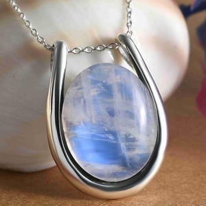 Rainbow Moonstone Pendant Necklace – Sterling Silver Statement Pendant – Boho Blue  Gemstone Jewelry – June Birthstone Gift for Her