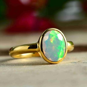 Gold Opal Ring – Gold Plated Oval Gemstone Jewelry – Dainty October Birthstone Ring