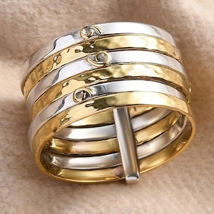 Two Tone Multi Band Ring, 925 Sterling Silver & Brass Stacked Ring, Hammered Wide Band Statement Ring, Chunky Boho Thumb Ring, Gift for Her