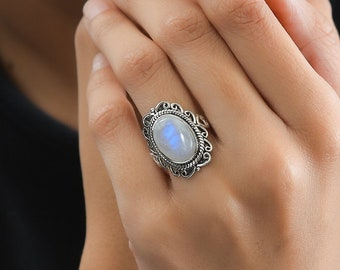 Moonstone Ring for Women, Sterling Silver Oval Engagement Ring, Moonstone Filigree Ring Vintage Oxidized Jewelry