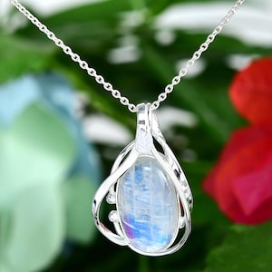 Long Oval Blue Stone Moonstone Pendant, June Birthstone Pendant Necklace, Real Moonstone Silver Locket, Big Crystal Pendant Jewelry Gift