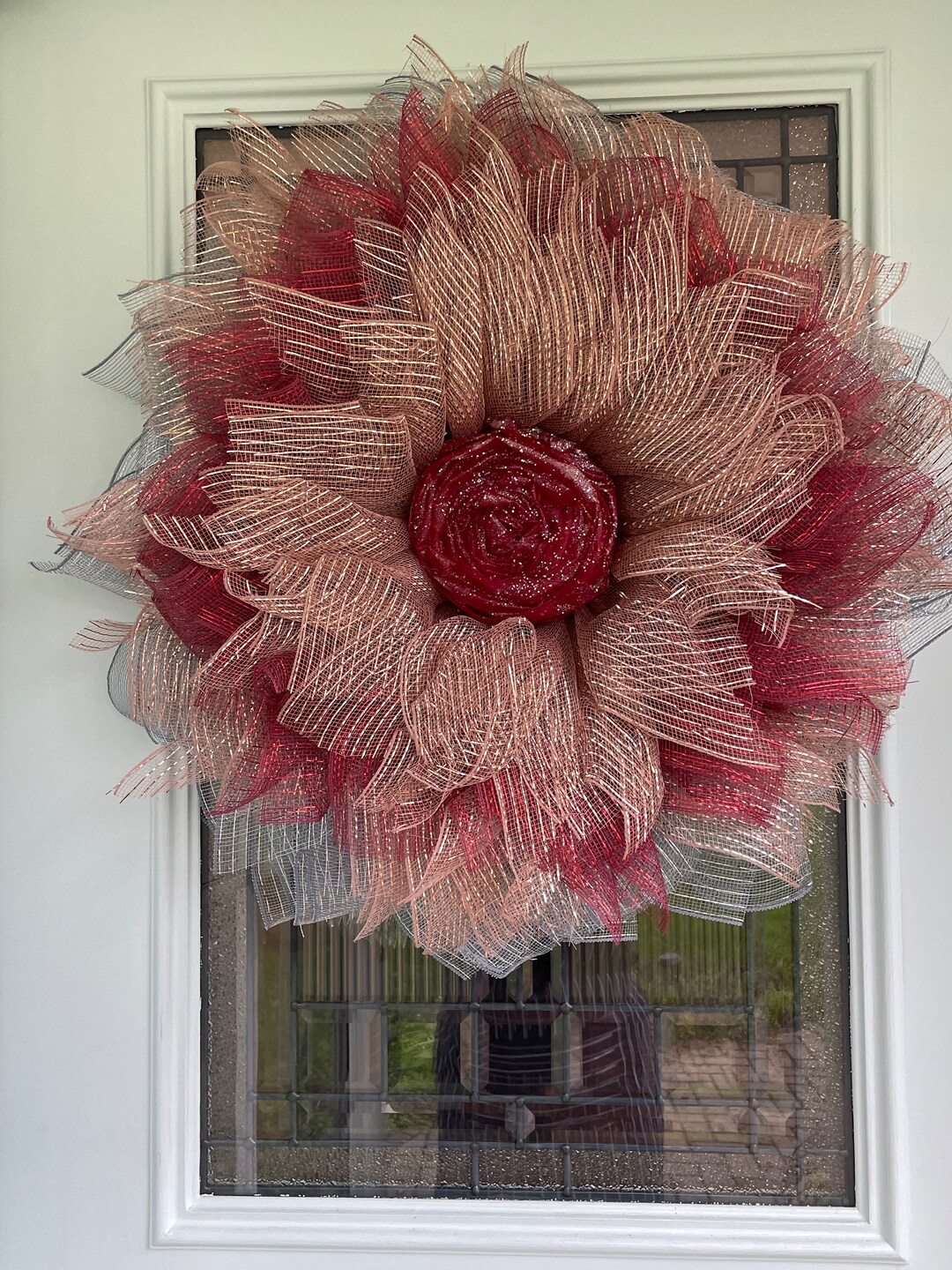 Winter Frosted Rose Deco Mesh Wreath Etsy