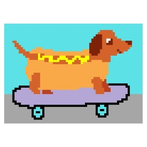 Skateboarding sausage dog crochet tapestry pattern, weiner dog, dachshund