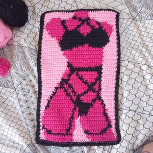 May include: A crocheted wall hanging featuring a pink and black lingerie design. The design is framed with a black border.