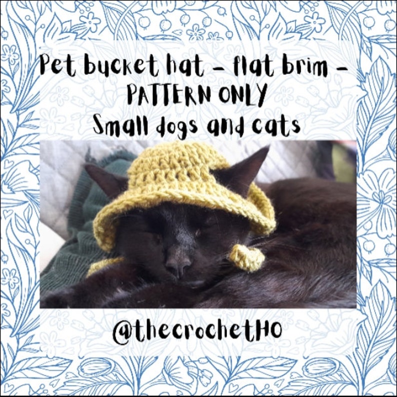 May include: A black cat wearing a yellow crocheted bucket hat with a flat brim. The hat has a "Pet bucket hat - flat brim - PATTERN ONLY Small dogs and cats" text overlay. The image also includes the text "@thecrochetHo".