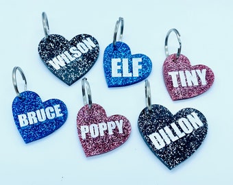 Glitter Heart Name ID Pet Tag - Dog Tag, Cat tag, custom dog tag, personalised dog tag, engraved dog tag, dog accessories