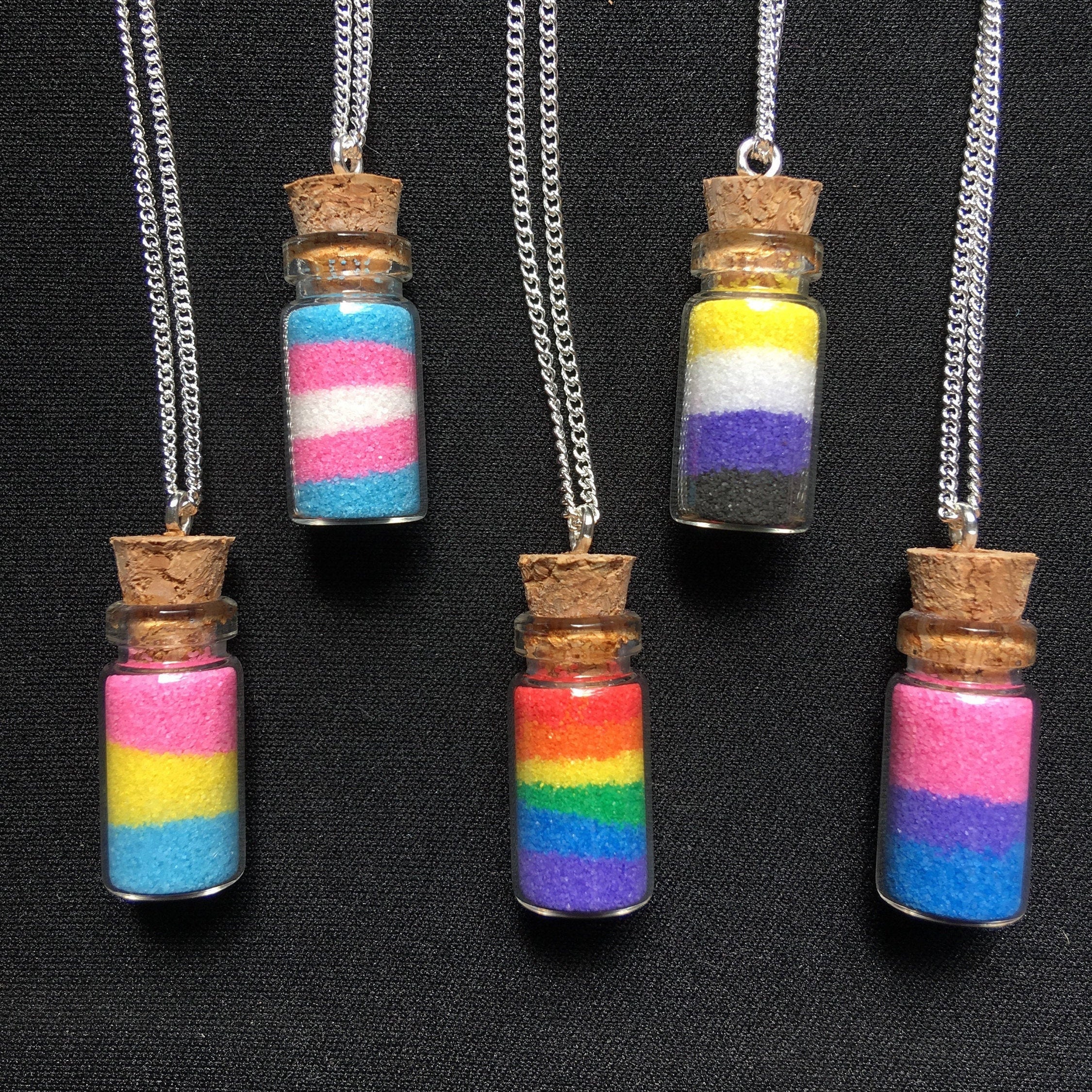 LGBTQ+ necklace, pride flags, glass vial necklace