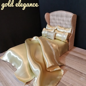 Bedsheets for Doll Bedding Miniature Set 1:6 scale Handmade Dollhouse Bedroom Accessories Luxurious set of 7 or 11 pieces satin with strass