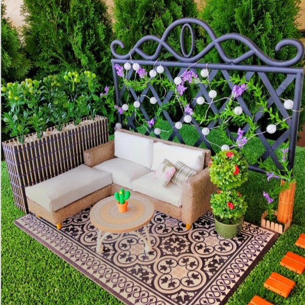 Doll living room full patio set / miniature corner couch, table, arbor with plants and lights that actually work, "cement tiles" floor