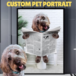 Custom Pet Portrait, Dog Read Newspaper on Toilet, Funny Pet Portrait, Pet Customization, Kids Bathroom Wall Art, Personalized Cat Dog Gift