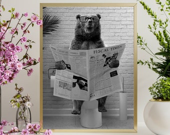 Bear on Toilet Reading Newspaper, Funny Bathroom Printable, Bathroom Humour, Bear original gifts, Nursery Animal Art, Kids Bathroom Wall Art