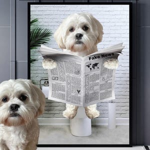 Ritratto personalizzato di un cane sul water, ritratto personalizzato di un animale domestico che legge il giornale, regali con ritratto di un cane e di un gatto, ritratto di un cane da una foto