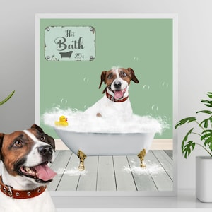Custom Pet Portrait Pet in Bathtub Art Funny Dog Wall Art Personalized Pet Gift Bathroom Decor Cat Dog Artwork Printable Pet Bubble Bath