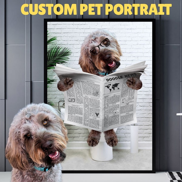 Animal de compagnie personnalisé sur les toilettes, chien chat lisant des journaux, portrait de chien personnalisé, portrait d'animal de compagnie personnalisé, chien d'art photo, cadeau de pendaison de crémaillère