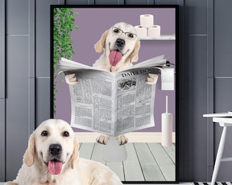 Custom Pet on Toilet Funny Pet Portrait Personalized Pet Pet Wall Art Gift Dog Bathroom Decor Cat Dog Artwork Print