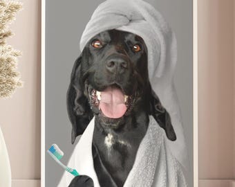 Custom Pet in Bathrobe Portrait Print No AI Custom Dog with Towel on Head Dog Bathrobe Personalised Dog on toilet Print Animal Bathroom Art