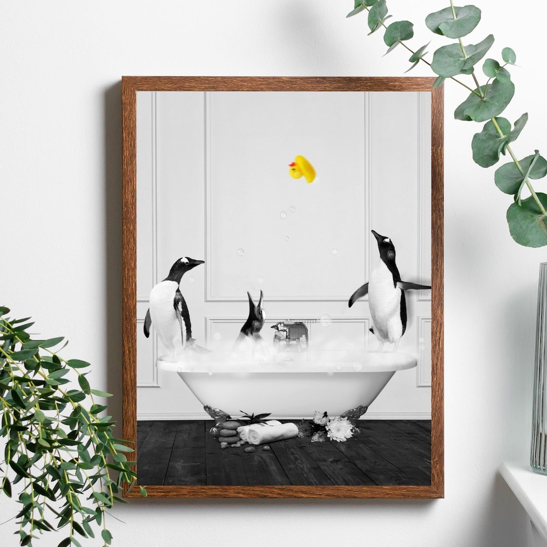 Penguins in Bathtub Funny Bathroom Printable Penguin Art Etsy