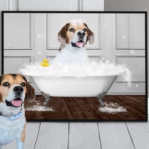 Custom Pet Portrait, Pet in Bathtub Wall Art, Personalised Pet Gifts, Dog from Photo Artwork, Custom Pet Bathroom Portrait. Pet Bath Art