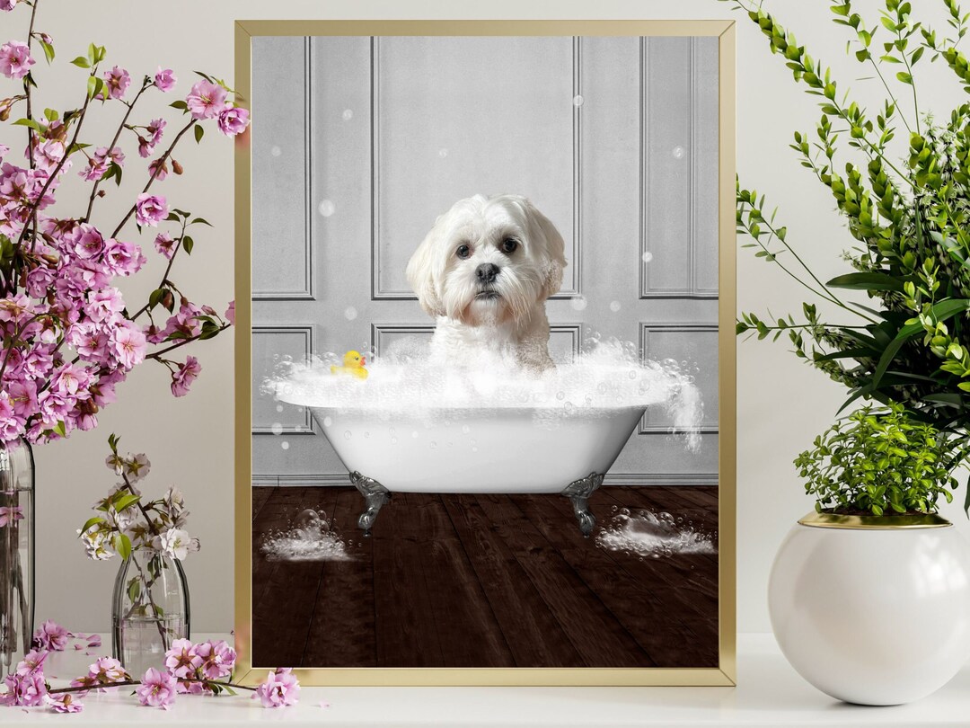 Image showcasing Custom Pet Portrait, Pet in Bathtub Wall Art, Personalised Pet Gifts ...