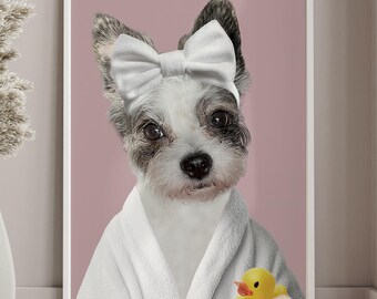 Funny Pet Portrait Dog in Bathrobe No AI Custom Dog Art Pet Spa Wall Print Bathroom Decor Dog from Photo Personalized Dog Gift Pet Spa Print