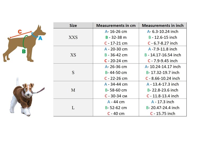 Puede incluir: Tabla de tallas de arn&eacute;s para perros con medidas en cent&iacute;metros y pulgadas. Incluye tallas XXS a L, con medidas correspondientes para A, B y C. Se muestra un perro con un arn&eacute;s marr&oacute;n, junto con un perro con un su&eacute;ter marr&oacute;n.