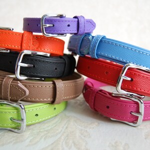 May include: A stack of eight colourful leather dog collars with silver buckles. The collars are in the following colours: purple, orange, black, brown, light blue, red, pink, and green.