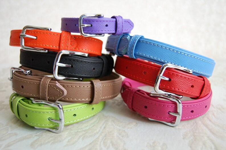 May include: A stack of eight colourful leather dog collars with silver buckles. The collars are in the following colours: purple, orange, black, brown, light blue, red, pink, and green.