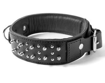 Extra Wide Spiked Genuine Leather Dog Collar, Studded Anti-Bite Collar, Large Breeds