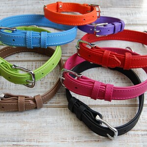May include: Seven leather dog collars in a variety of colours, including green, brown, blue, black, pink, red and orange. The collars are arranged in a circle on a white wooden surface.