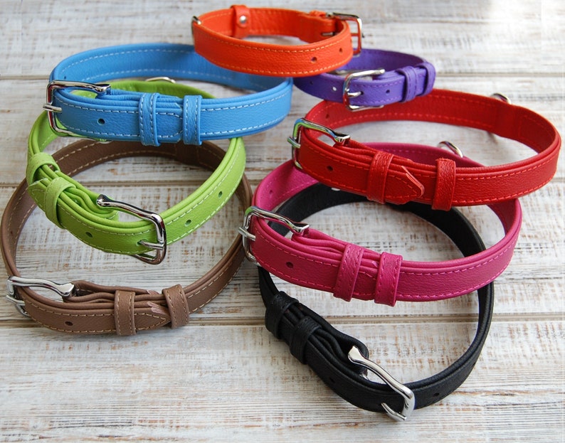 May include: Seven leather dog collars in a variety of colours, including green, brown, blue, black, pink, red and orange. The collars are arranged in a circle on a white wooden surface.