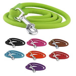 Op de afbeelding: Een verzameling hondenriemen in verschillende kleuren, waaronder groen, zwart, roze, bruin, blauw, oranje, rood en paars. Elke riem heeft een zilverkleurige metalen sluiting en een bijpassende handgreep.