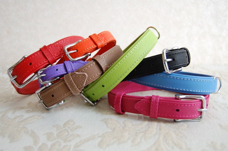 May include: A set of six leather dog collars in various colors, including red, purple, brown, green, blue, and pink. Each collar has a silver buckle and stitching around the edges.