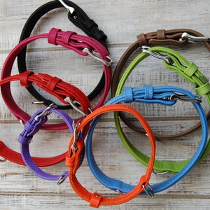 May include: A set of seven leather dog collars in various colors, including red, orange, purple, blue, green, brown, and black. Each collar has a silver buckle and a silver D-ring.
