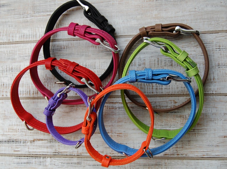 May include: A set of seven leather dog collars in various colors, including red, orange, purple, blue, green, brown, and black. Each collar has a silver buckle and a silver D-ring.