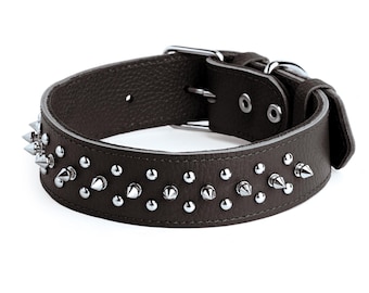 Spiked Studded Leather Dog Collar Brown, Black Leather Dog Collar with Spikes and Studs, Dog Collar Studded Spike, Wide Dog Collar Leather