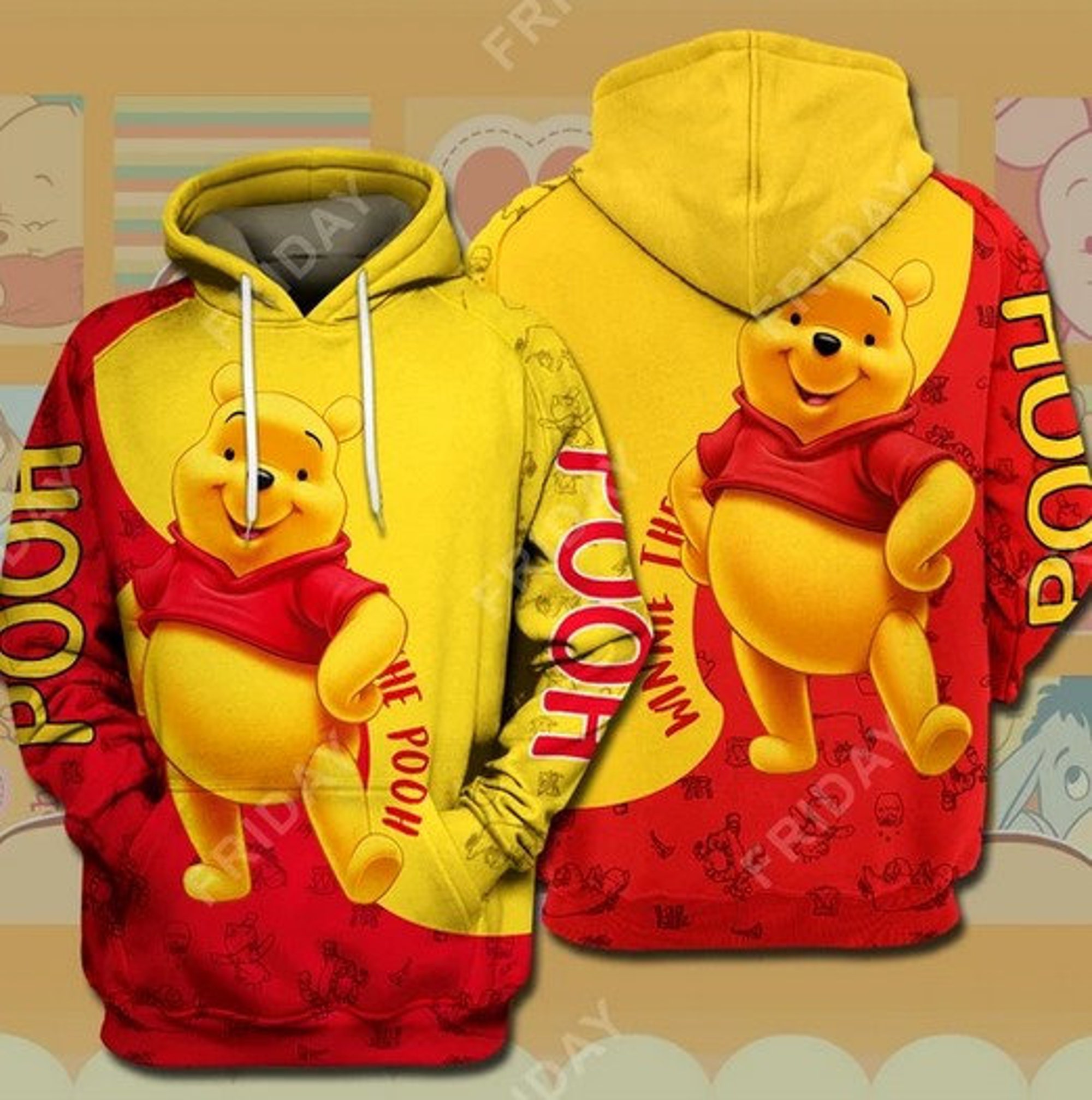 Pooh Red And Yellow 3D Hoodie and Zip Hoodie, Gift for Friend, Winnie-the-Pooh Hoodie 3D