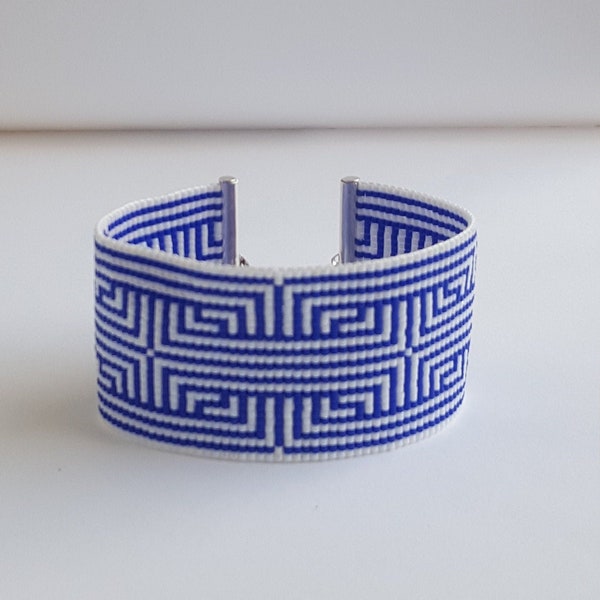 Bracelet MIYUKI Femme Homme bleu cobalt et blanc réalisé  sur métier à tisser fermoir Aimanté acier inox Manchette LABYRINTHE Mode Tendance