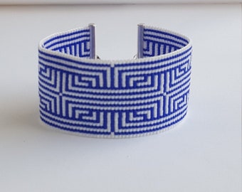 MIYUKI bracelet for women, men, cobalt blue and white, made on a loom, magnetic stainless steel clasp, LABYRINTH cuff, fashion trend