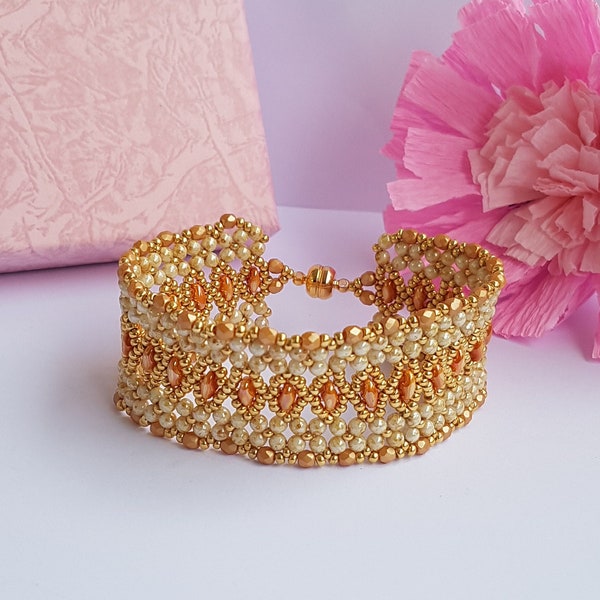 Bracelet Femme Abricot Ocre brun clair Bracelet Perlé Fait Main en Facette de BOHEME Rocaille MIYUKI et Perle SUPERDUO Manchette mode chic