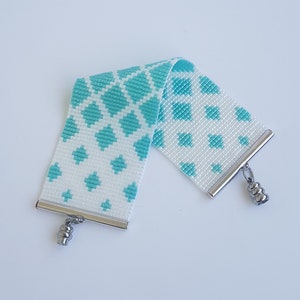 MIYUKI seed bead bracelet for women and men, turquoise and white, handmade on a loom, geometric cuff, jewelry.