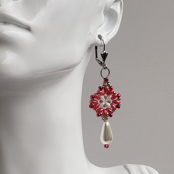 Boucles d'Oreilles Femme Fait Main Perle SUPERDUO Rose et Blanche Rocaille MIYUKI Argentée et Goutte Nacrée Blanche Dormeuses en ACIER Inox