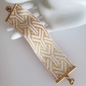 Geometric Cuff Bracelet White and Gold Women Beaded Handmade on Seed Loom MIYUKI Boho Cuff Jewelry Stainless Steel Clasp