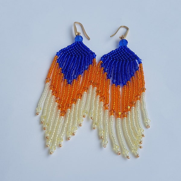 Boucle d'oreille Femme à franges avec toupies en PUR CRYSTAL orange bleu et écru rocaille MIYUKI crochet acier inox Boucle Fait Main