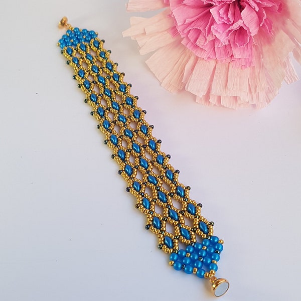 Bracelet Femme Perle SUPERDUO bleu Azur rocaille MIYUKI Or et  bleue/vert Fermoir doré Or fin Bracelet Perlé Fait Main Manchette BOHO Chic