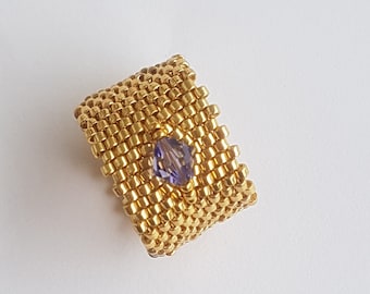Beaded Ring for Women Handmade Peyote Weaving in Seed Bead DELICAS MIYUKI Gold 1 Pure CRYSTAL Spinning Top in the Center Violet Tanzanite Jewel