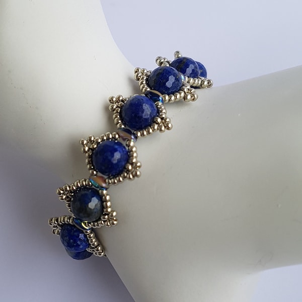 Bracelet Femme en Pierre LAPIS LAZULI Perle Superduo Bleue Nacrée et rocaille MIYUKI Or. Fermoir réglable en Acier Inox Bracelet Fait Main.